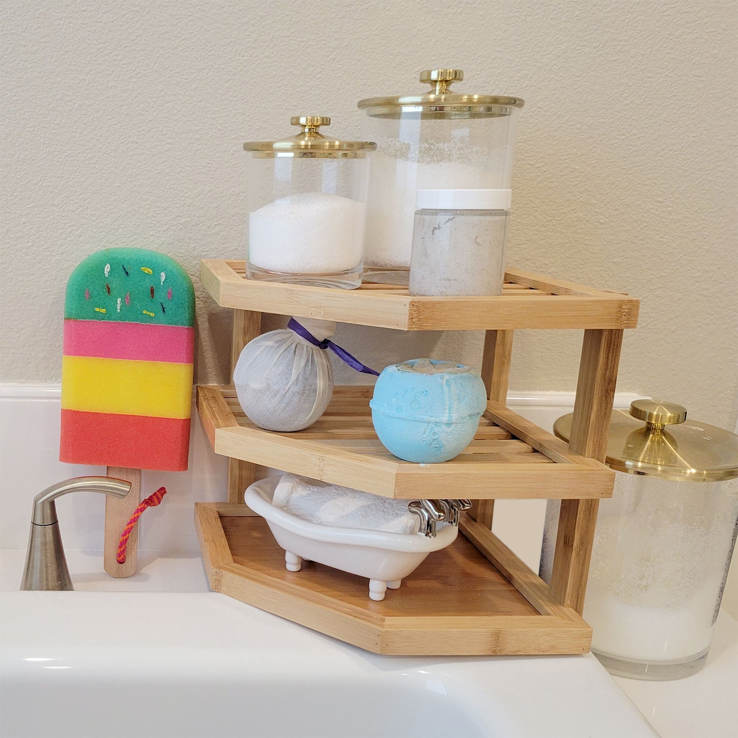 10" x 10" Three Level Bamboo Jewelry Display Stand Corner Storage Shelf