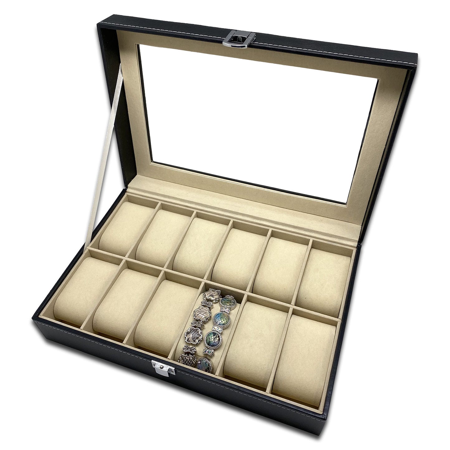 11 3/4" x 7 5/8" Black Leatherette Beige Velvet Display Case for 12 Watches/Bracelets