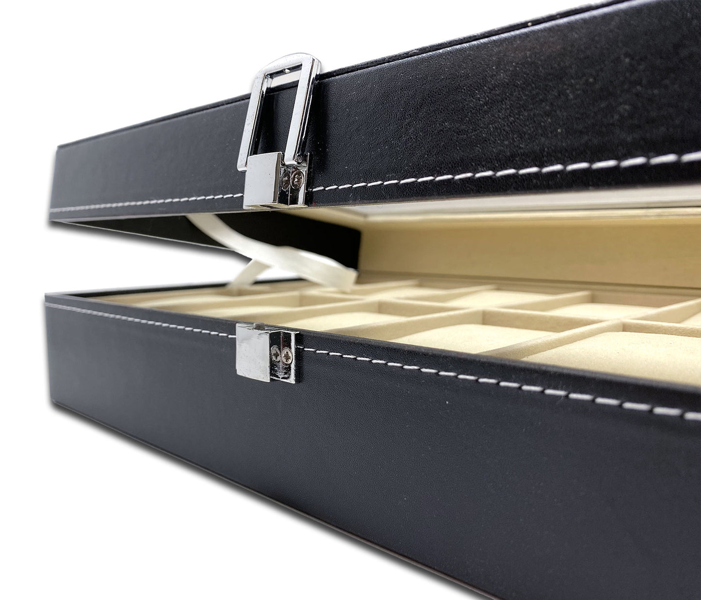 11 3/4" x 7 5/8" Black Leatherette Beige Velvet Display Case for 12 Watches/Bracelets