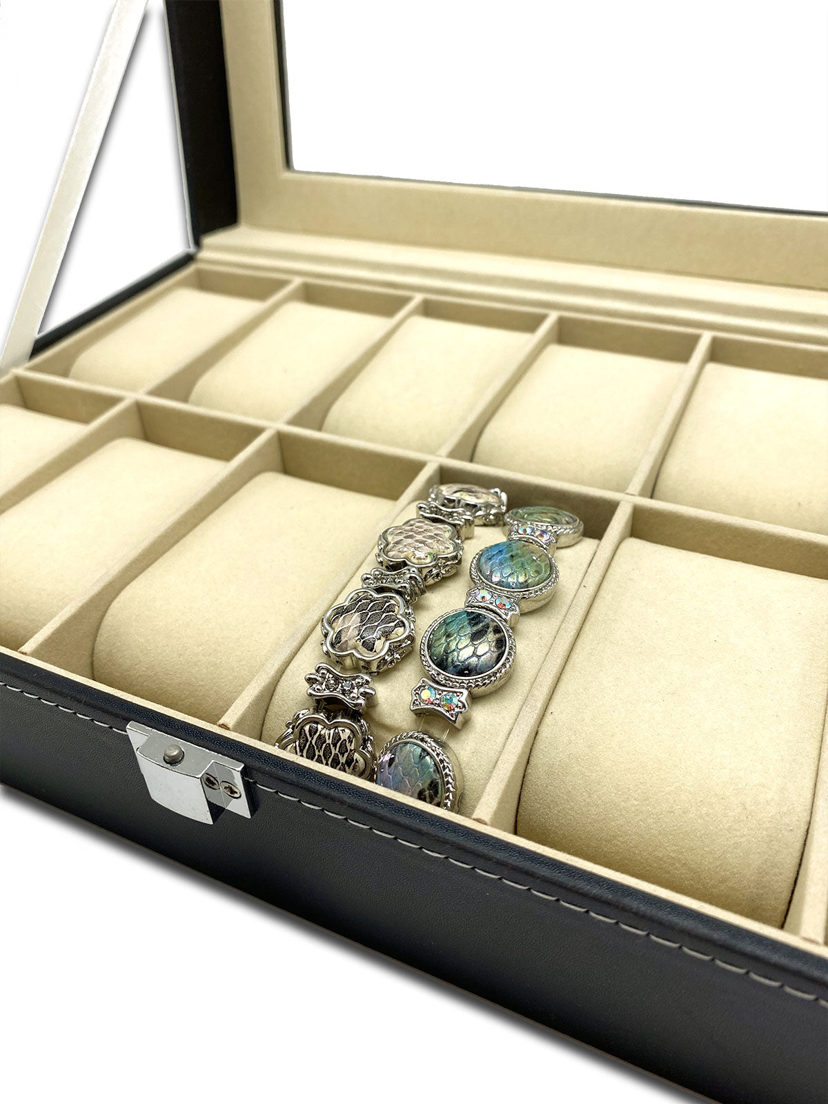 11 3/4" x 7 5/8" Black Leatherette Beige Velvet Display Case for 12 Watches/Bracelets