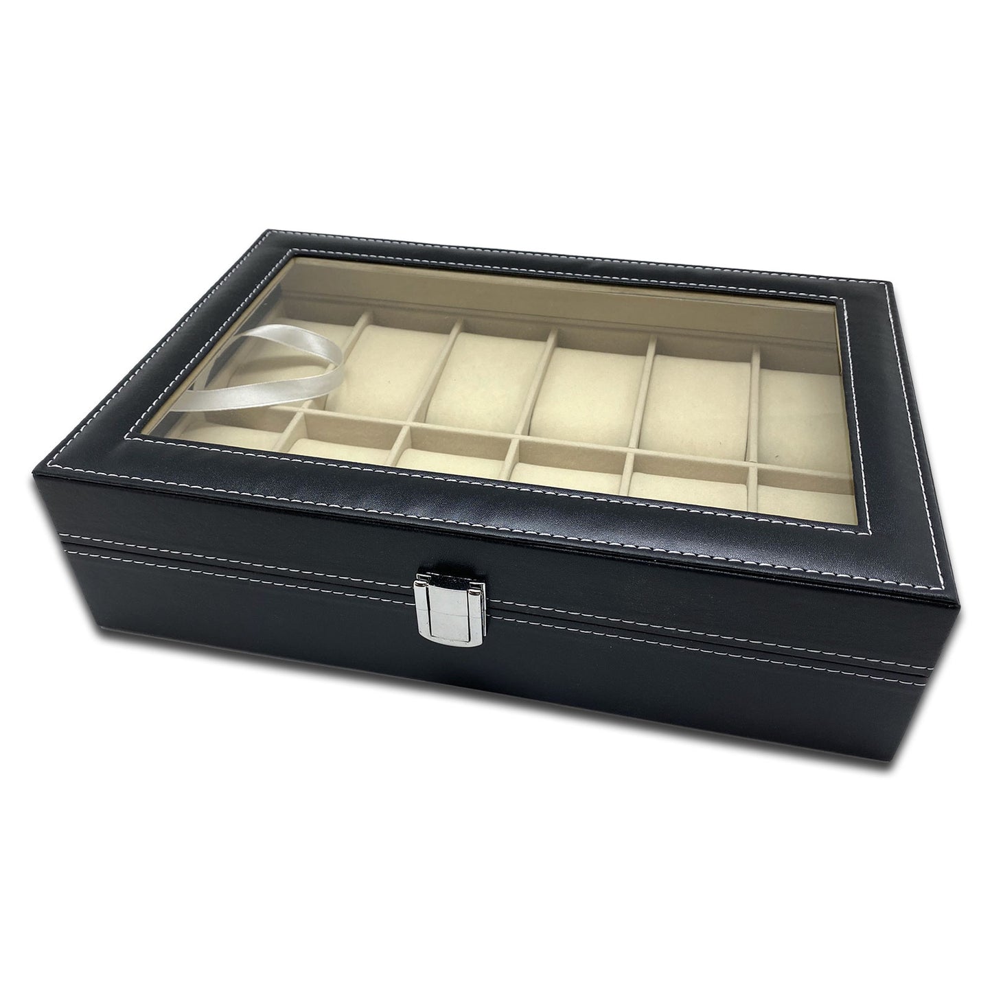 11 3/4" x 7 5/8" Black Leatherette Beige Velvet Display Case for 12 Watches/Bracelets