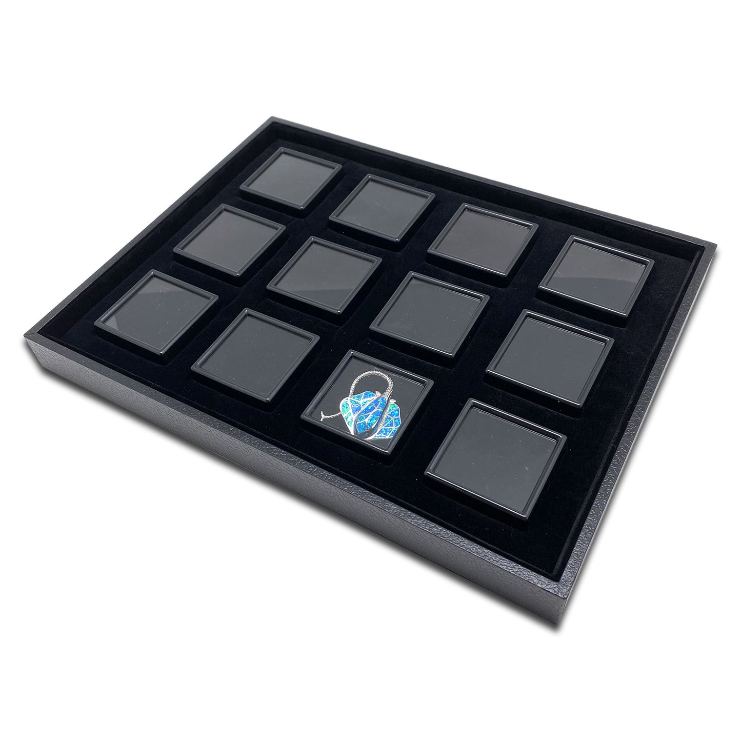 12 Black Gem Boxes with Black Wood Tray