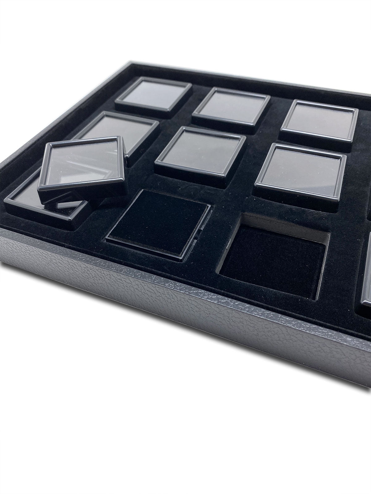 12 Black Gemstone Boxes with Black Wood Tray