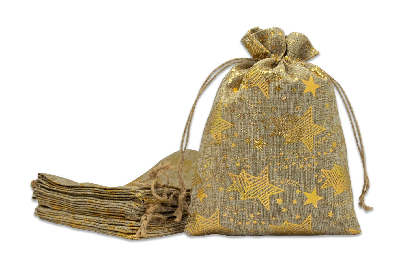 12" x 16" Jute Burlap Gold Star Drawstring Gift Bags
