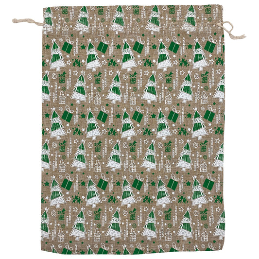 12" x 16" Jute Burlap Green Christmas Tree Drawstring Gift Bags