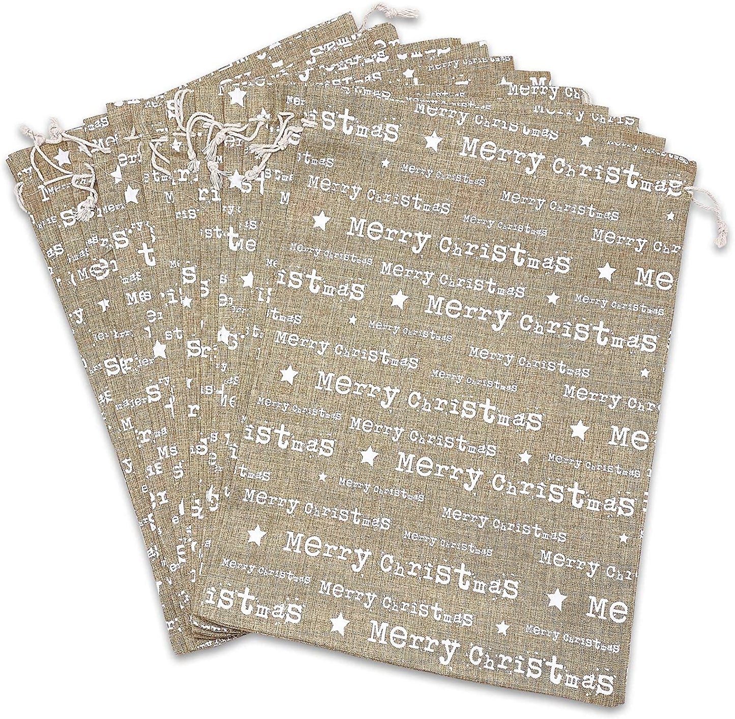 12" x 16" Jute Burlap White Merry Christmas Drawstring Gift Bags