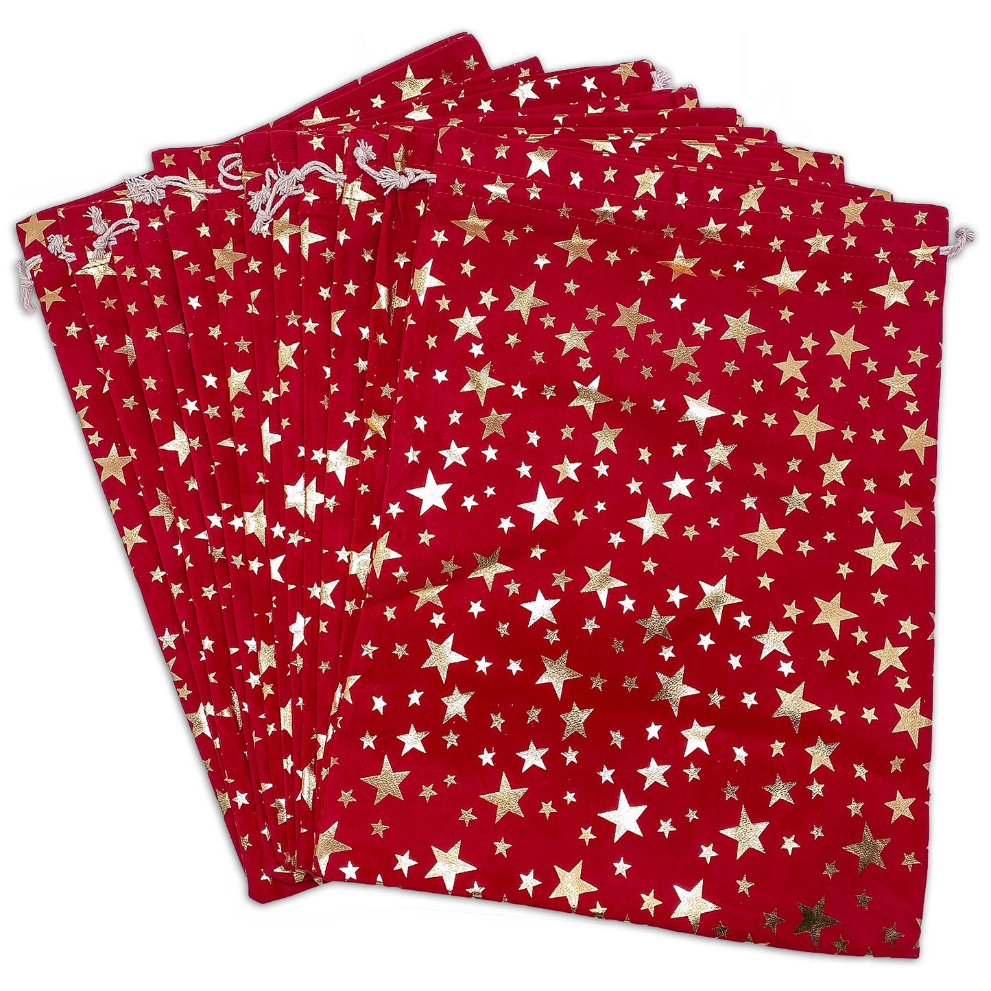 12" x 16" Red Velvet Gold Star Drawstring Gift Bags