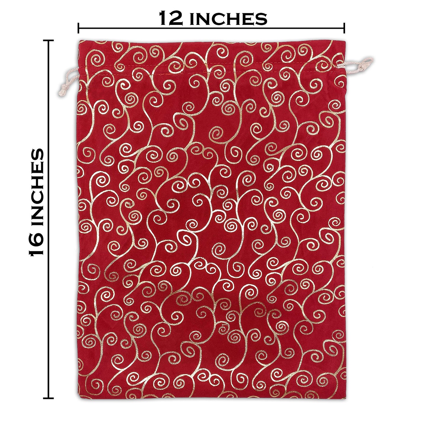 12" x 16" Red Velvet Gold Swirl Christmas Drawstring Gift Bags