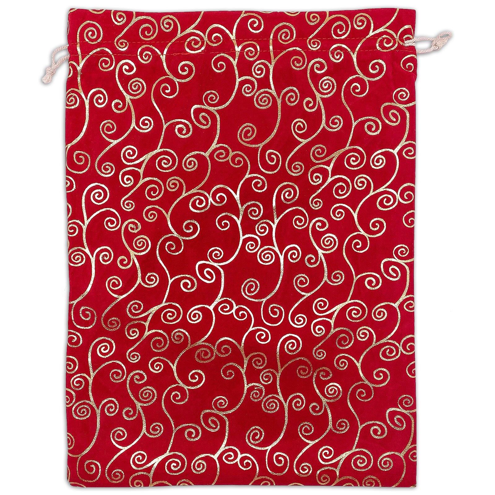 12" x 16" Red Velvet Gold Swirl Christmas Drawstring Gift Bags