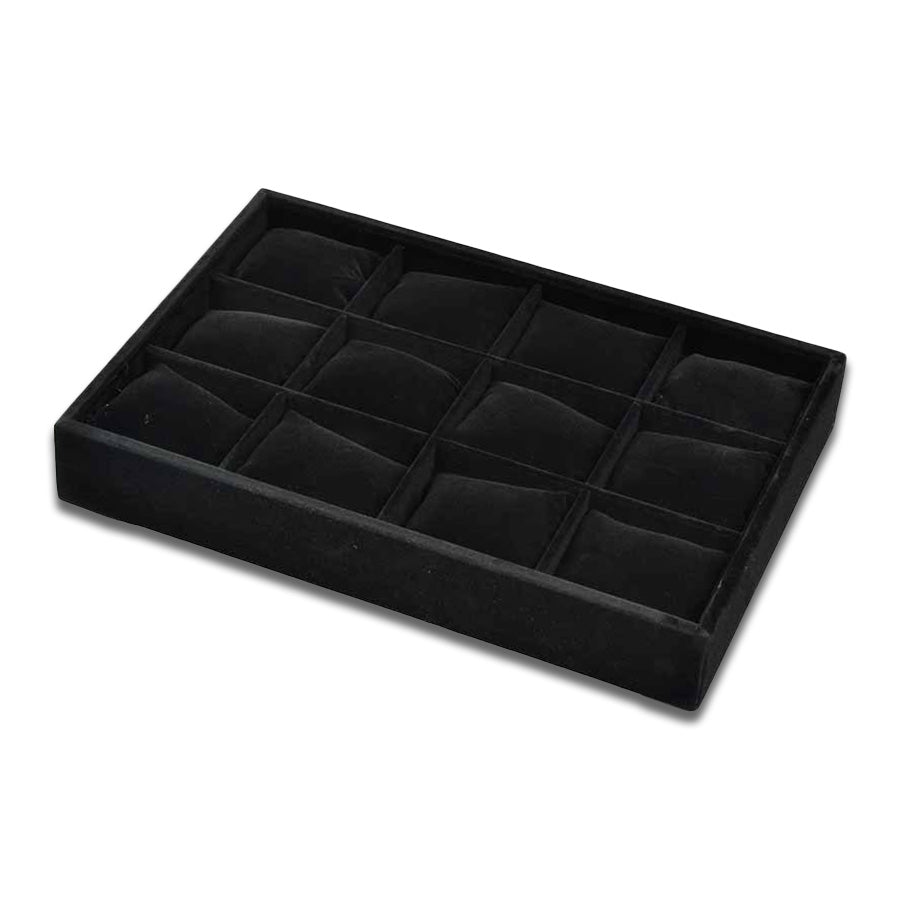 13 3/4" x 9 1/2" x 2" Tray with 12 Black Velvet Jewelry Display Pillows