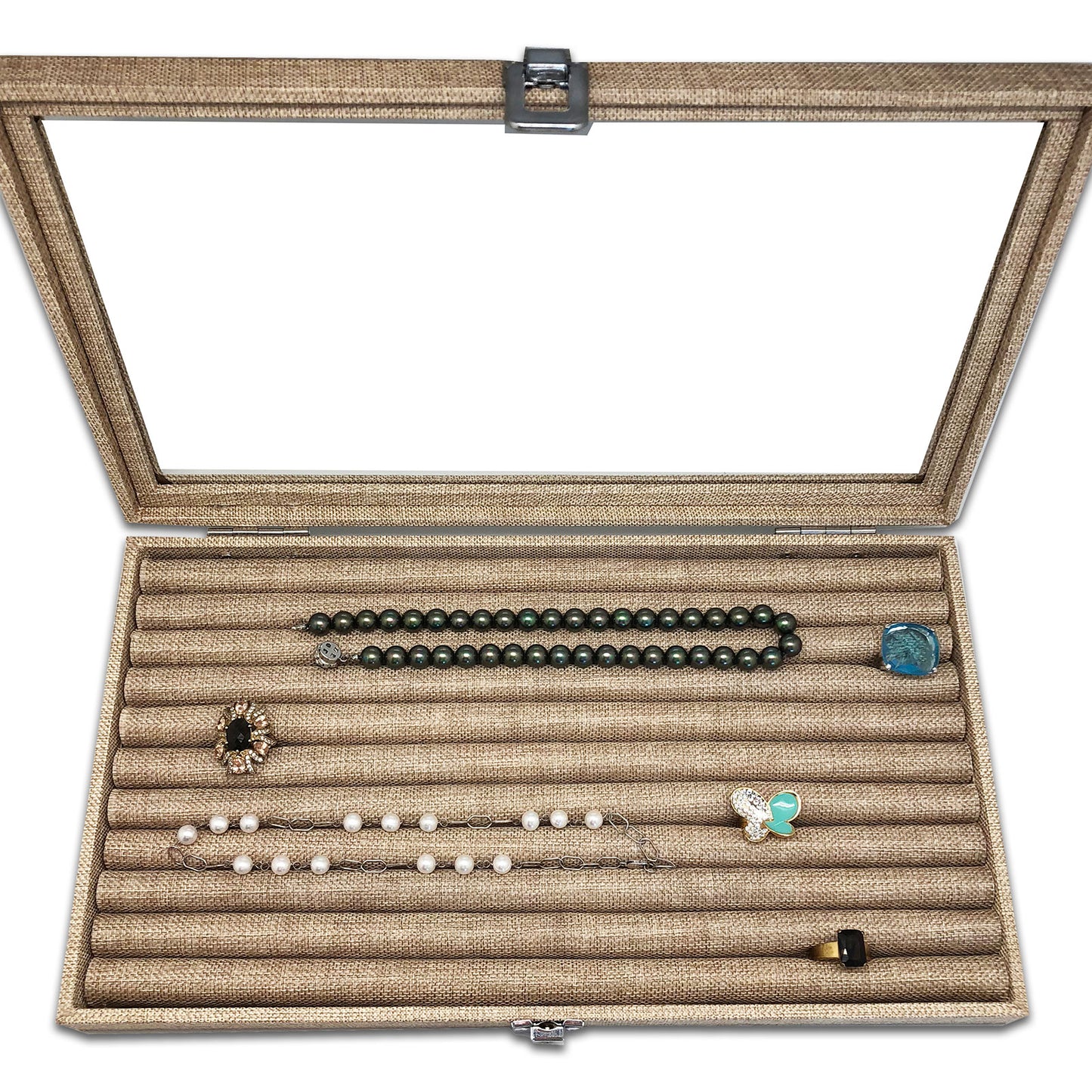 14 3/4" x 8 1/4" Burlap Display Case with Ring Insert and Glass Top