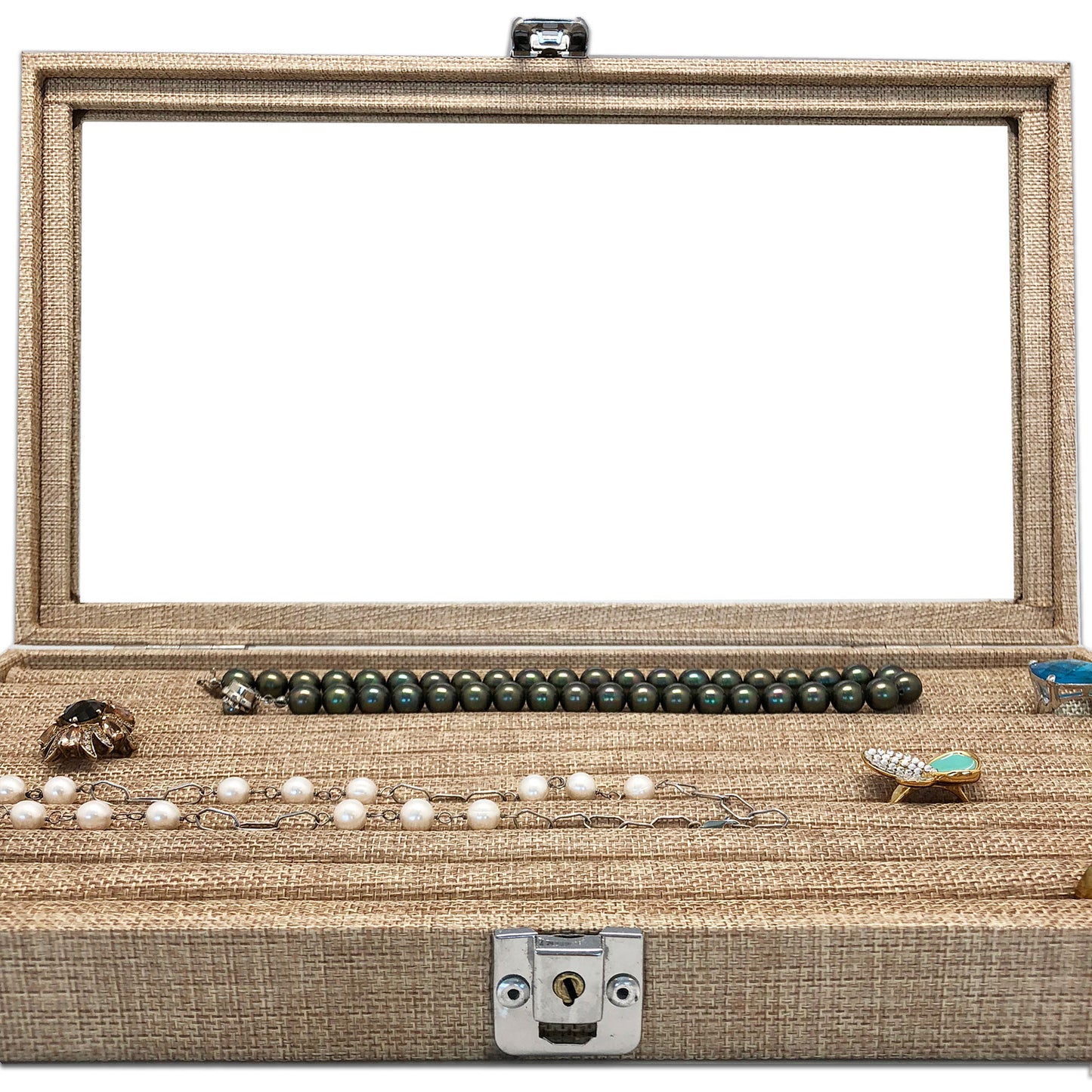 14 3/4" x 8 1/4" Burlap Display Case with Ring Insert and Glass Top
