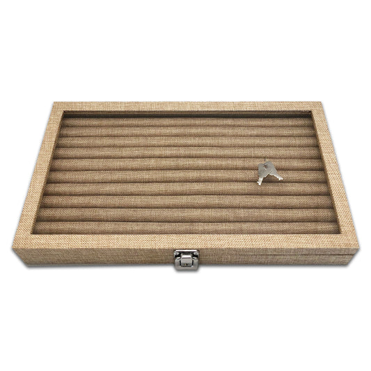 14 3/4" x 8 1/4" Burlap Display Case with Ring Insert and Glass Top