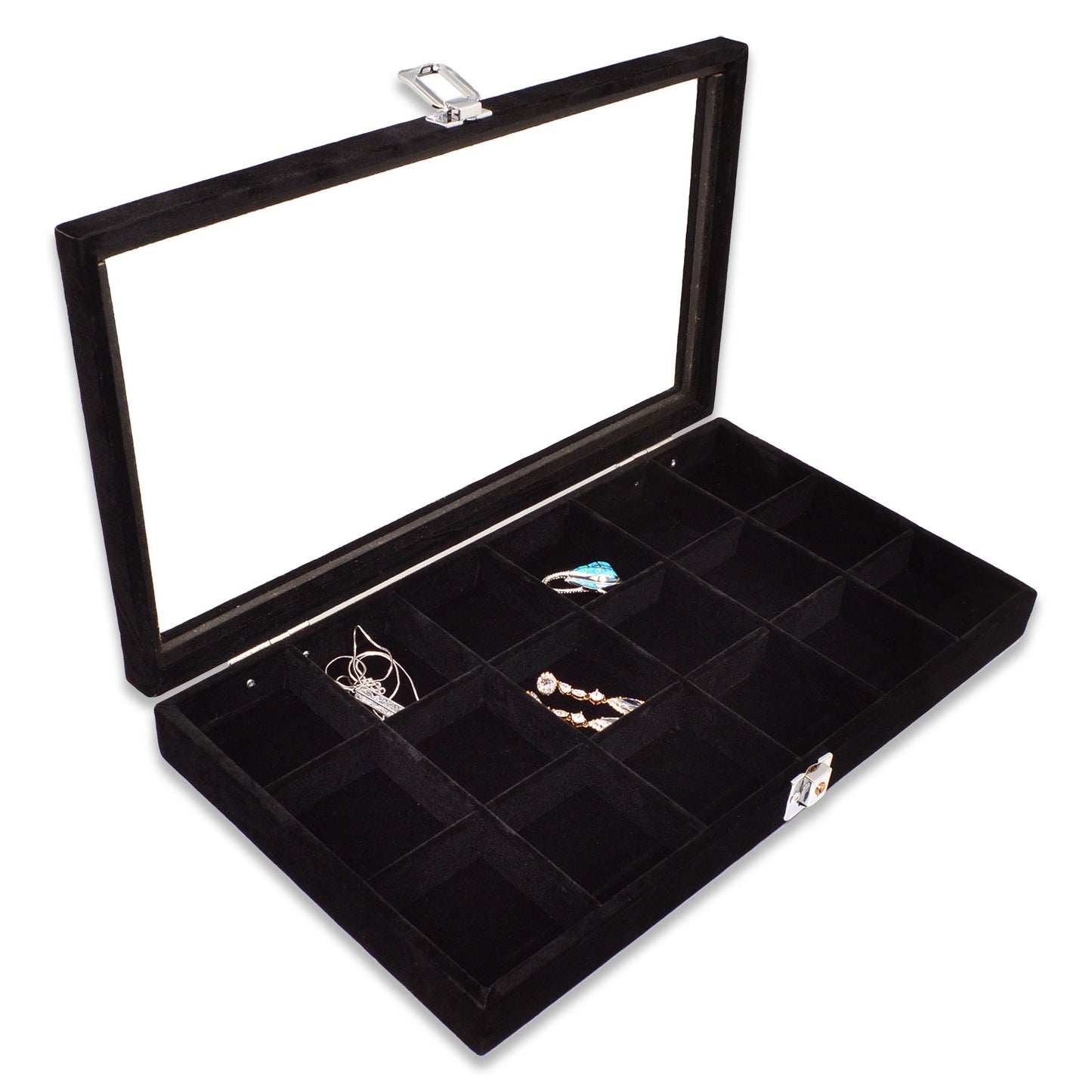 14 3/4" x 8 1/4" 18 Compartment Black Velvet Display Case w/ Glass Top and Key