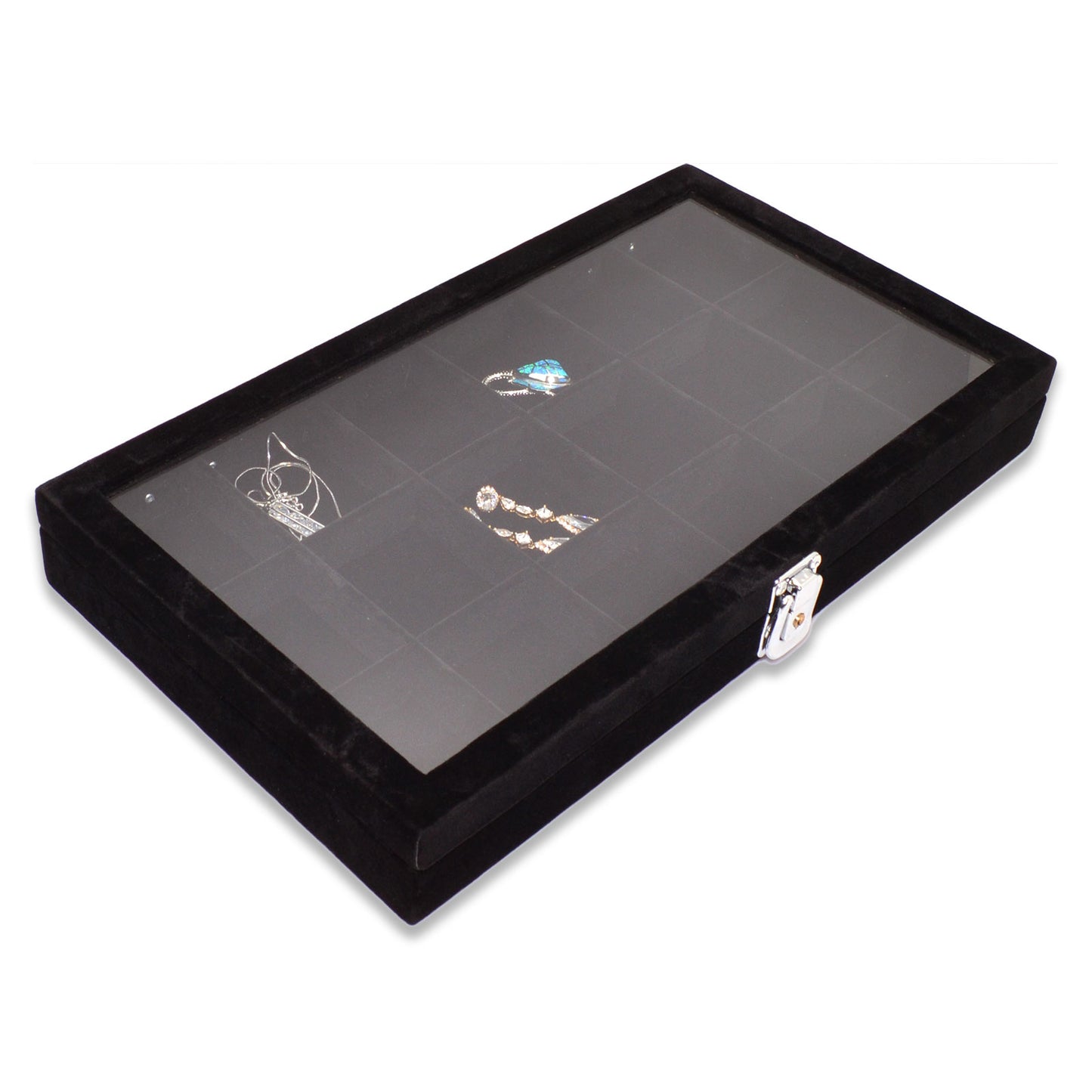 14 3/4" x 8 1/4" 18 Compartment Black Velvet Display Case w/ Glass Top and Key