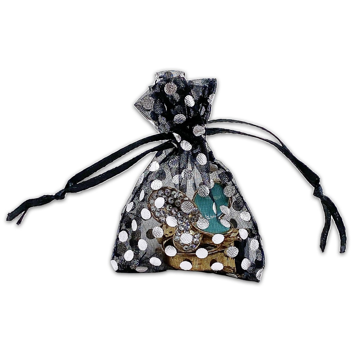 Black with Silver Polka Dot Organza Drawstring Pouch Gift Bags