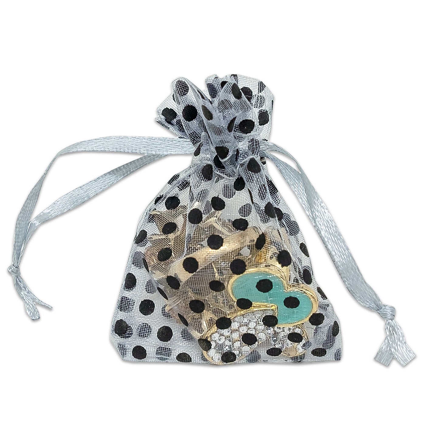 Silver with Black Polka Dot Organza Drawstring Pouch Gift Bags