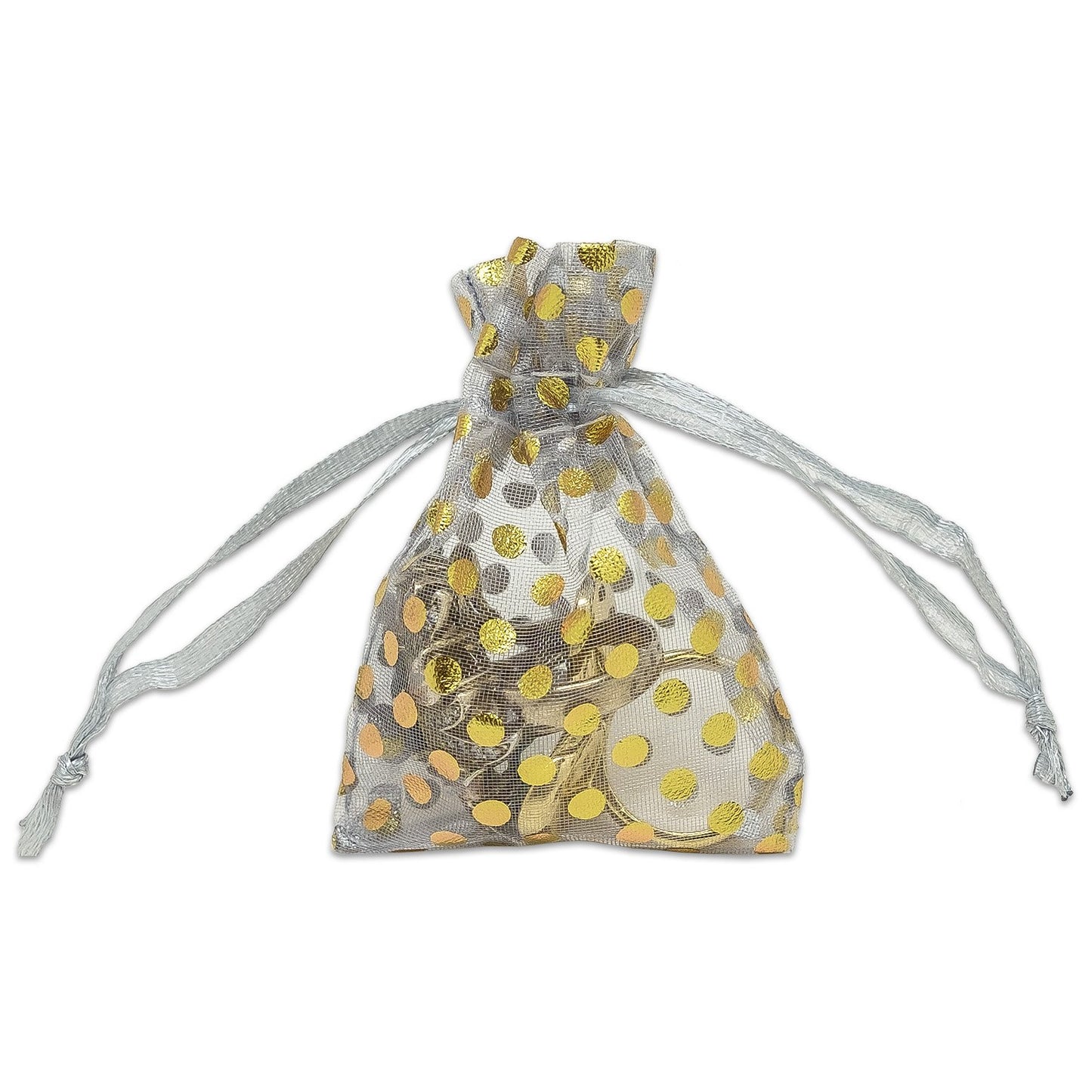 Silver with Gold Polka Dot Organza Drawstring Pouch Gift Bags