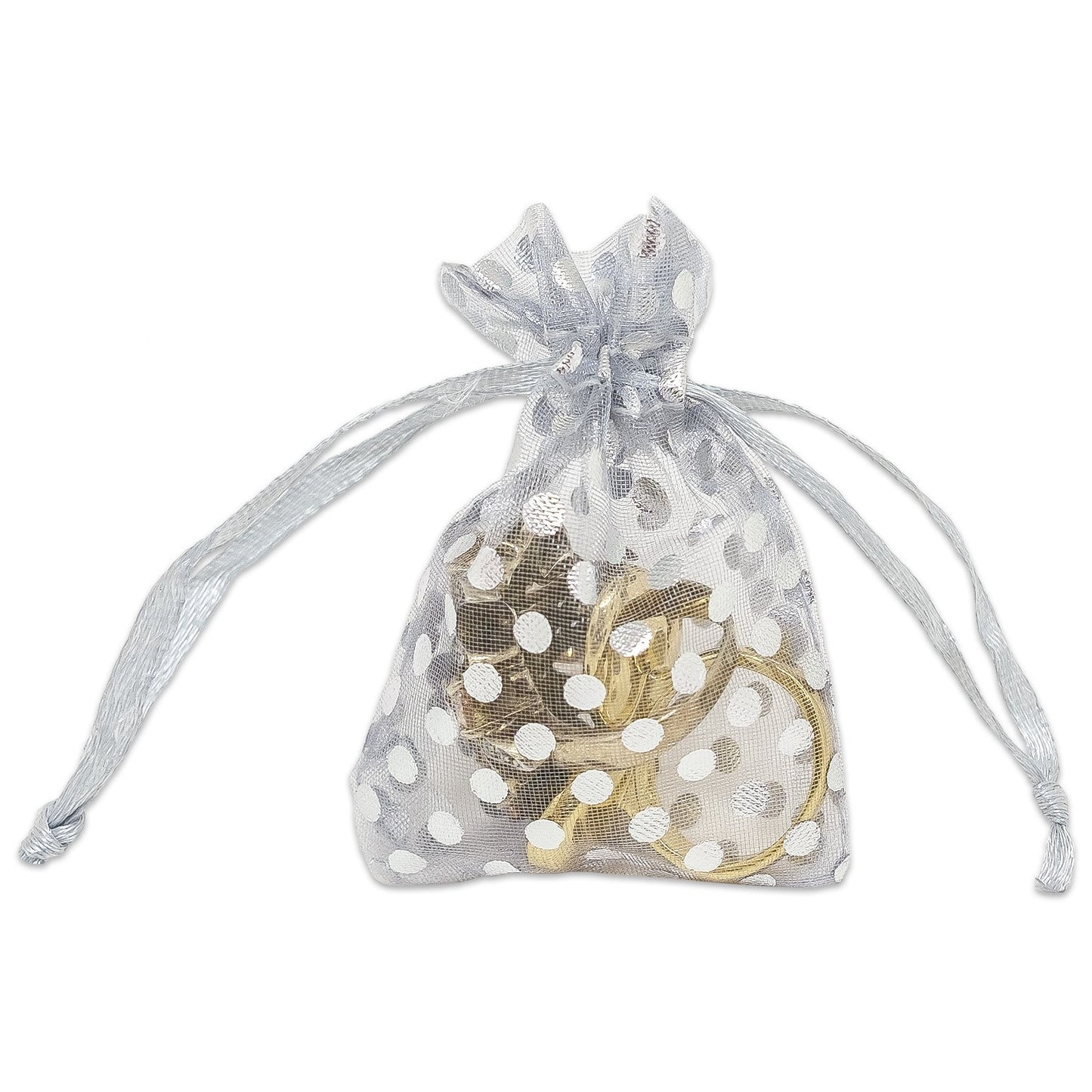 Silver with Silver Polka Dot Organza Drawstring Pouch Gift Bags