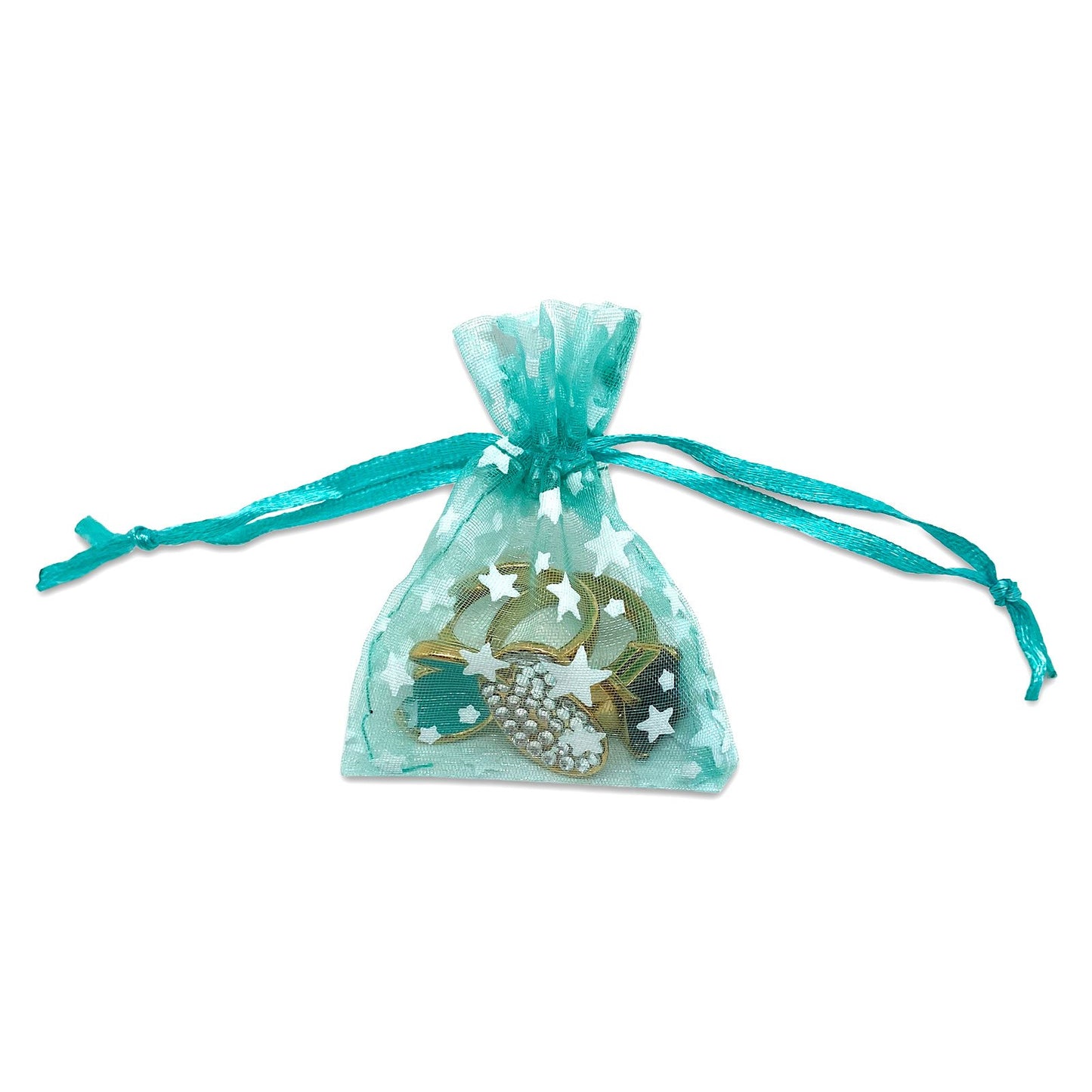 Teal with White Star Organza Drawstring Pouch Gift Bags