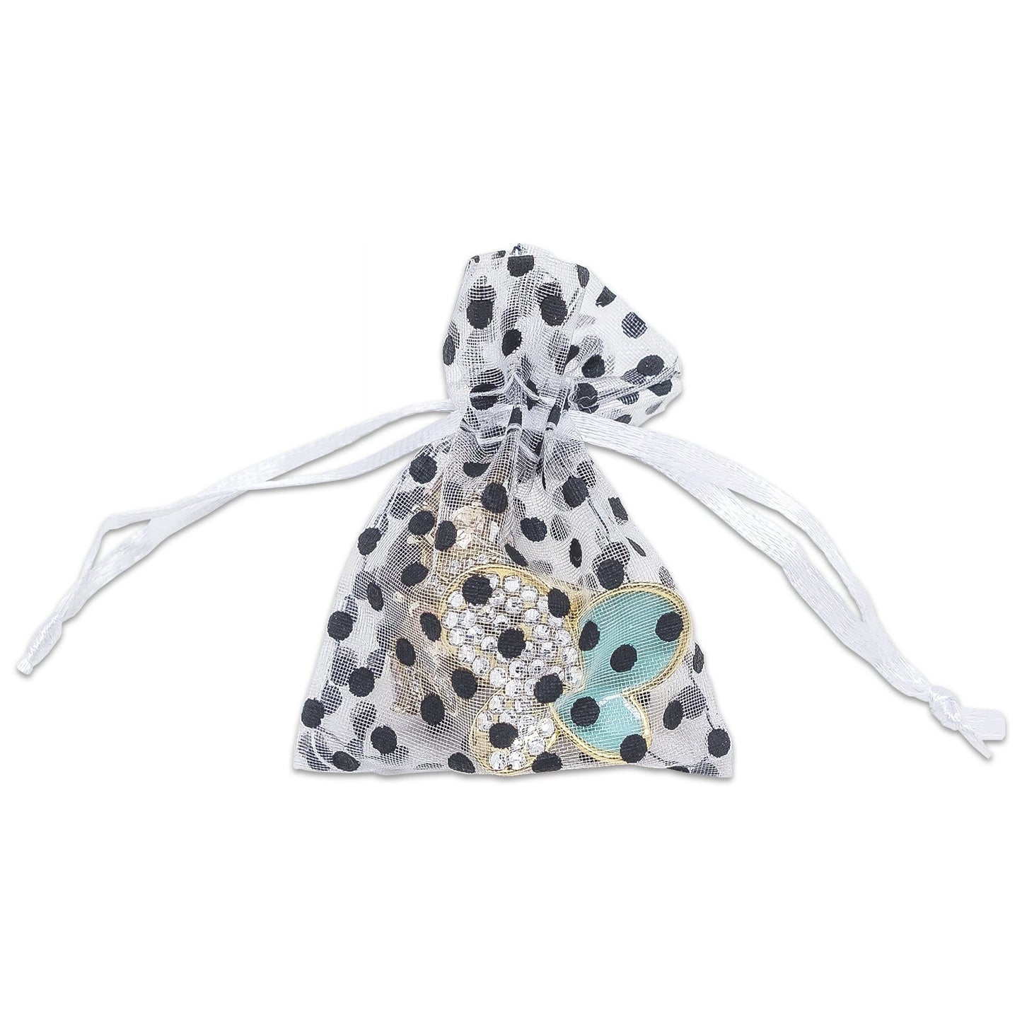 White with Black Polka Dot Organza Drawstring Pouch Gift Bags