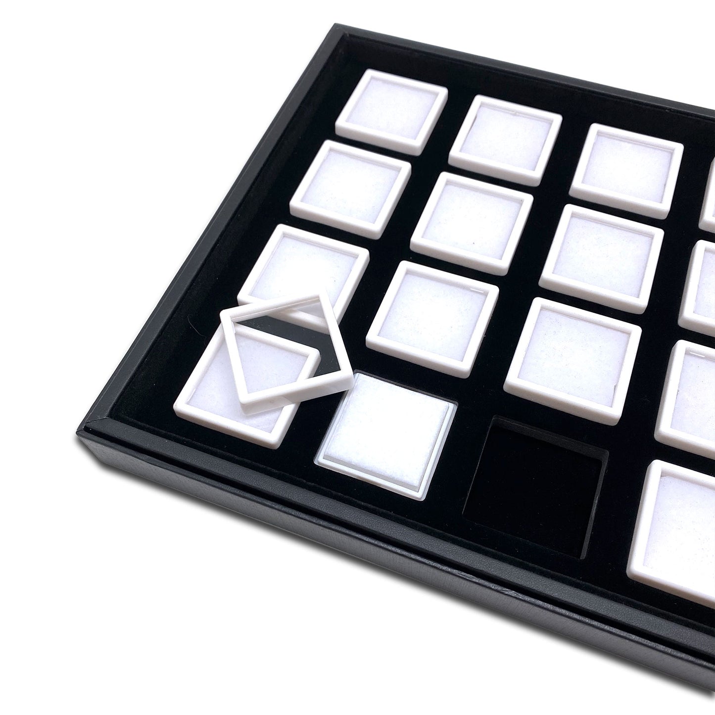 20 White Gemstone Boxes with Black Wood Tray