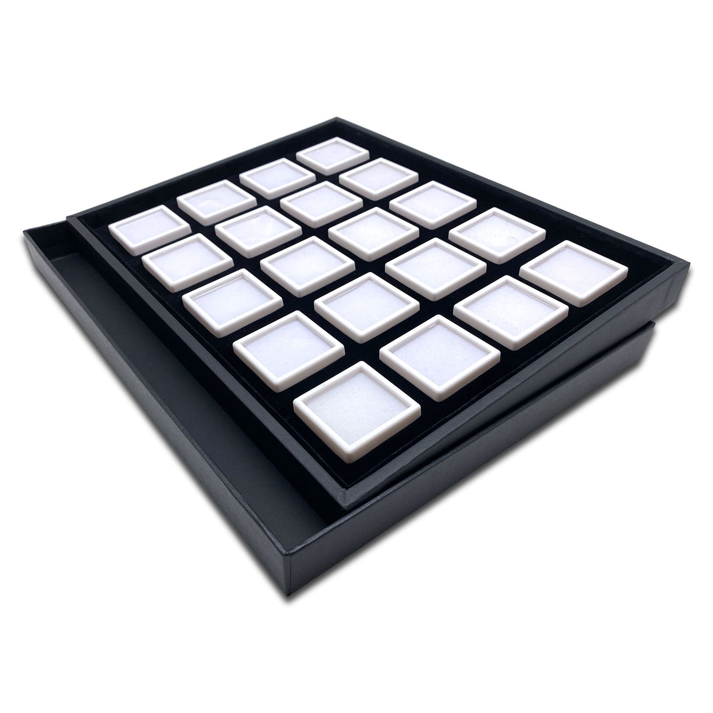 20 White Gem Boxes with Black Wood Tray and Lid