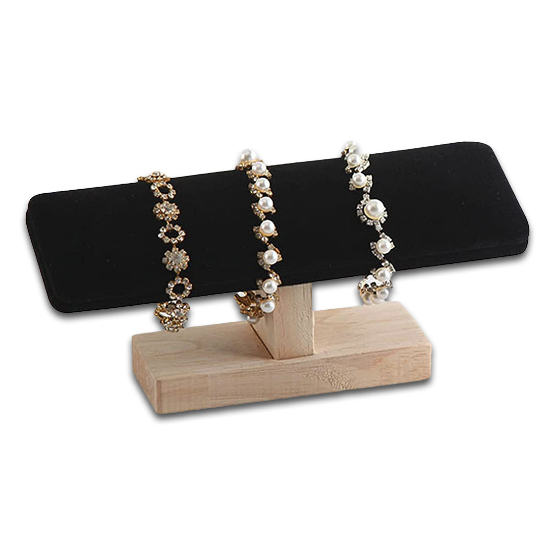 Black Velvet Wood Single Row Round T-Bar Jewelry Display