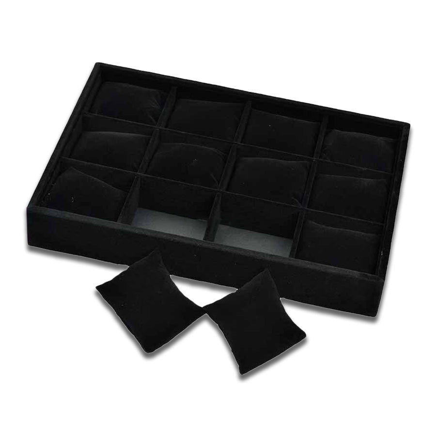 13 3/4" x 9 1/2" x 2" Tray with 12 Black Velvet Jewelry Display Pillows