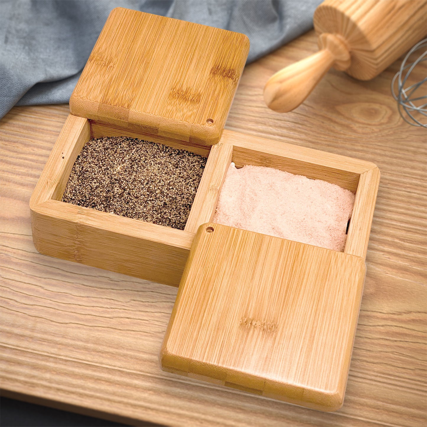 8.5" x 4.25" Salt and Pepper Bamboo Box with Rotating Lids