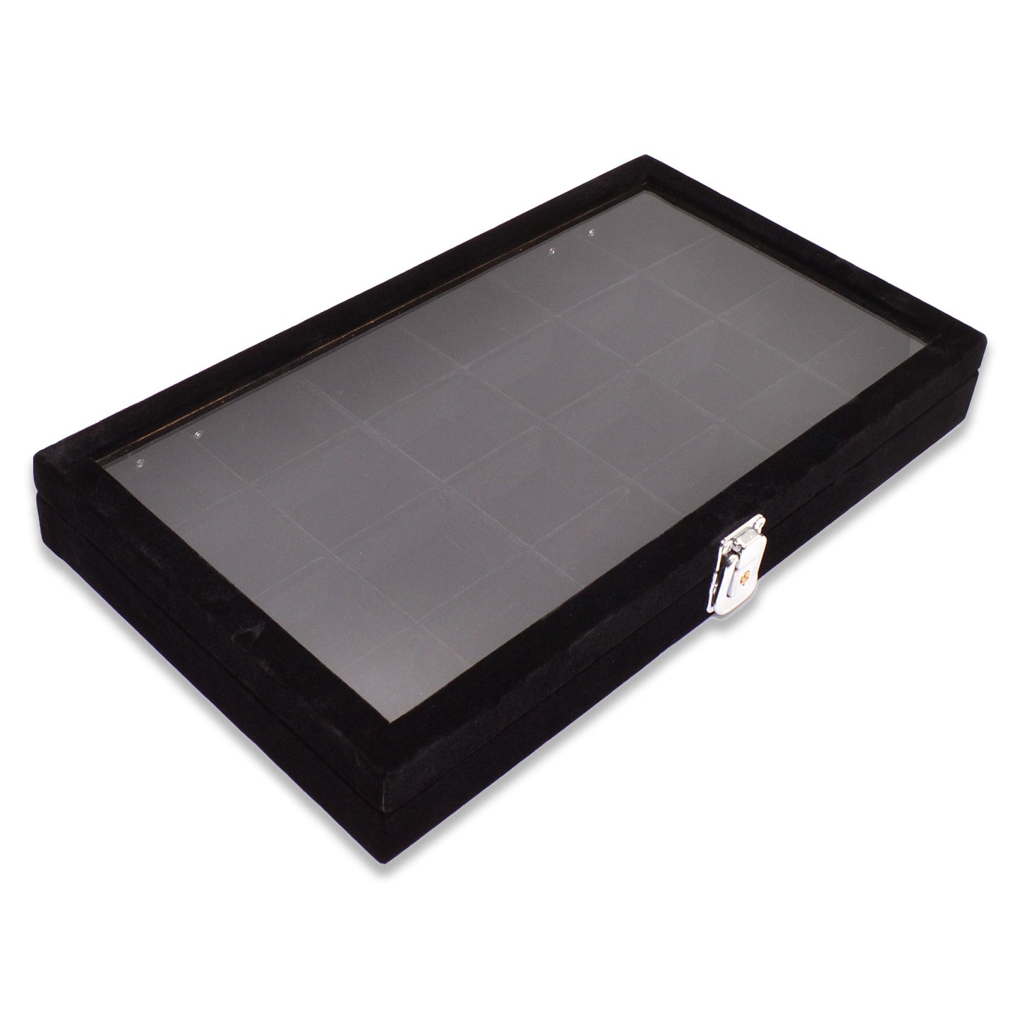 14 3/4" x 8 1/4" 24 Compartment Black Velvet Display Case w/ Glass Top and Key