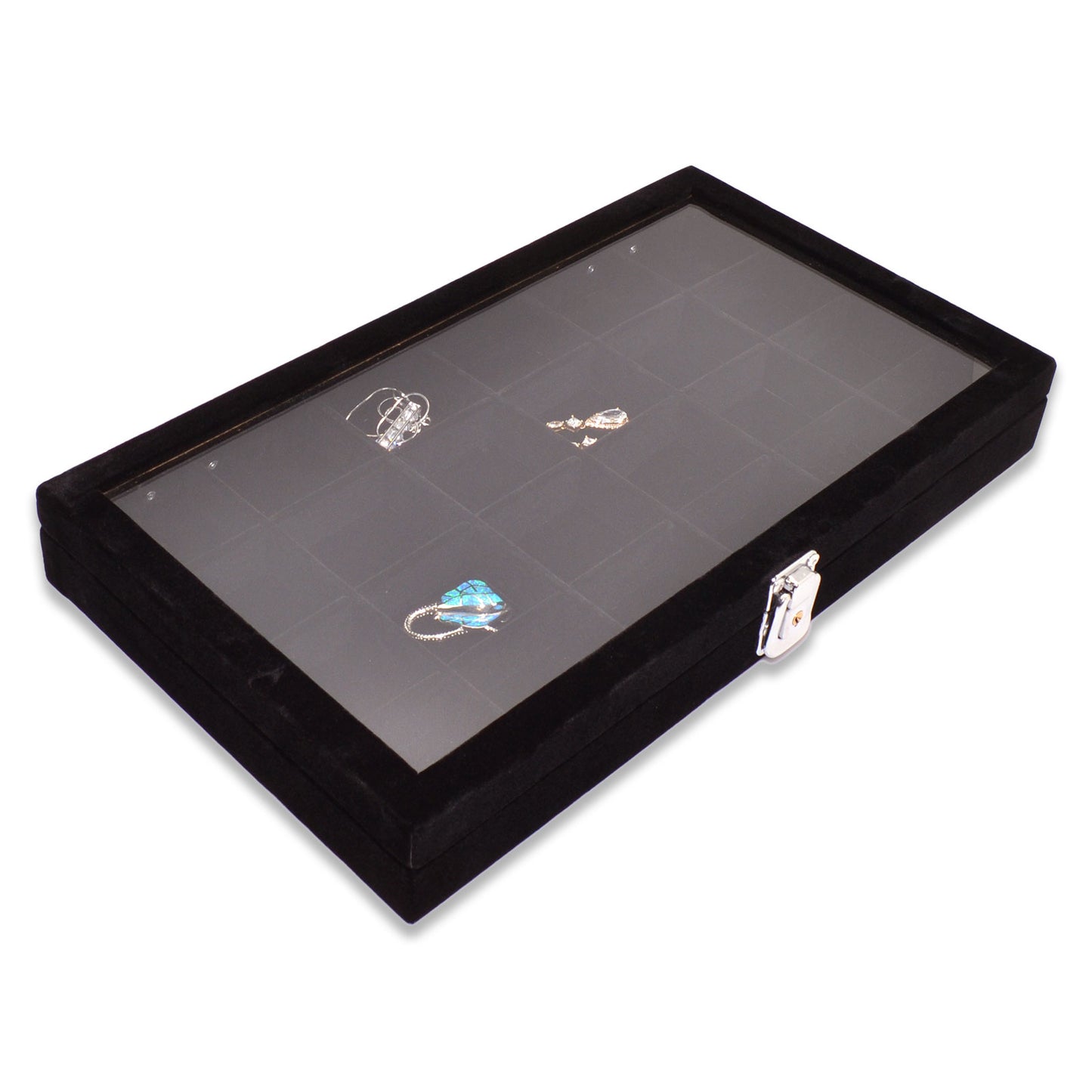 14 3/4" x 8 1/4" 24 Compartment Black Velvet Display Case w/ Glass Top and Key