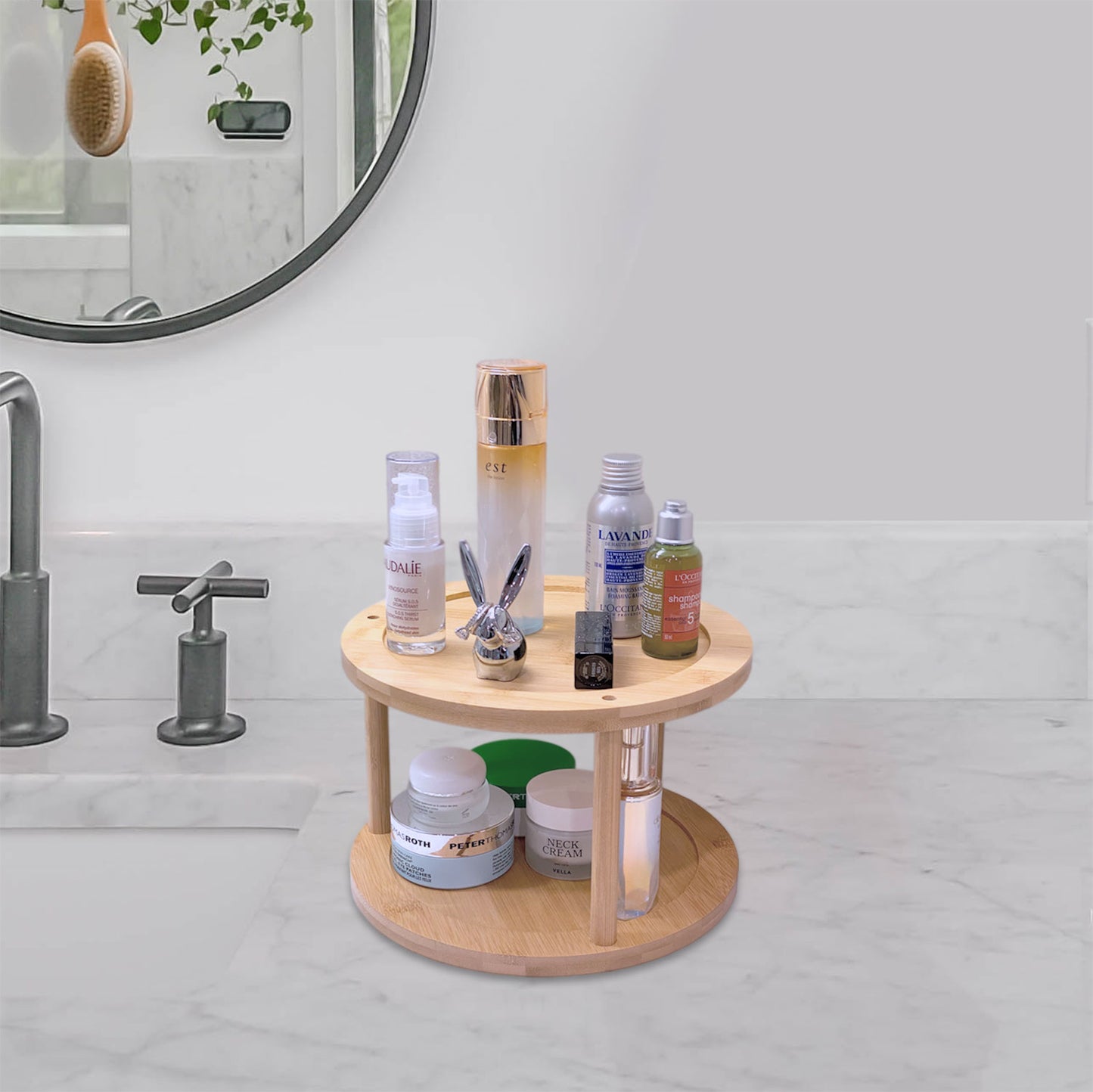 25cm Diameter Two Level Bamboo Jewelry Display Lazy Susan Shelf