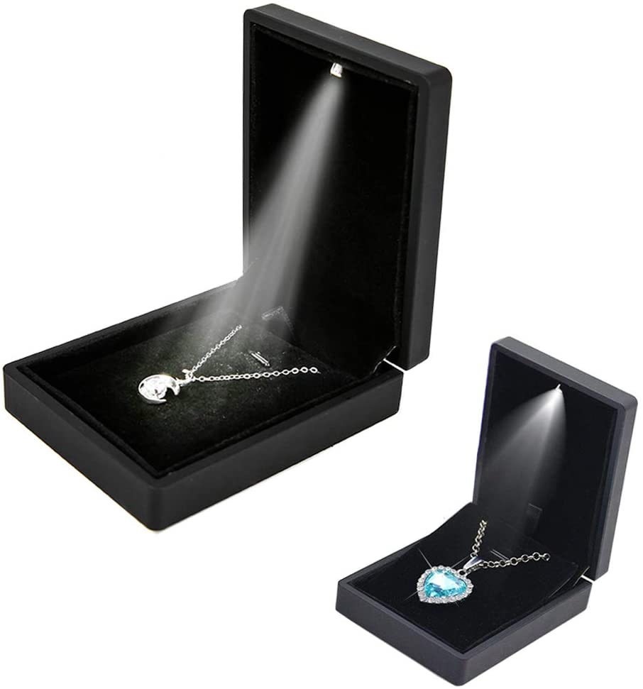 3 1/2" x 2 3/4" Matte Black Plastic Pendant Jewelry Box with LED Light