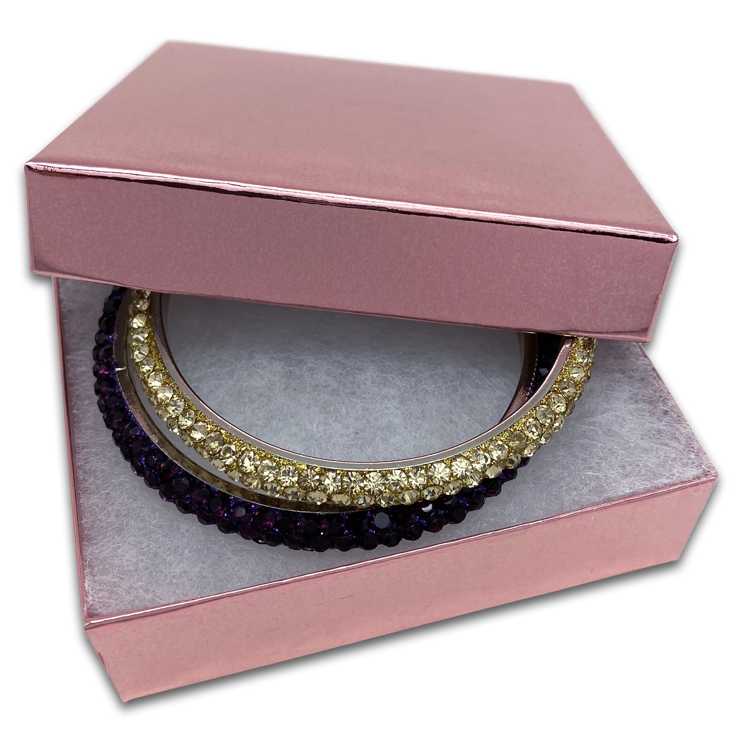 3 1/2" x 3 1/2" x 1" Metallic Rose Gold Cotton Filled Paper Box
