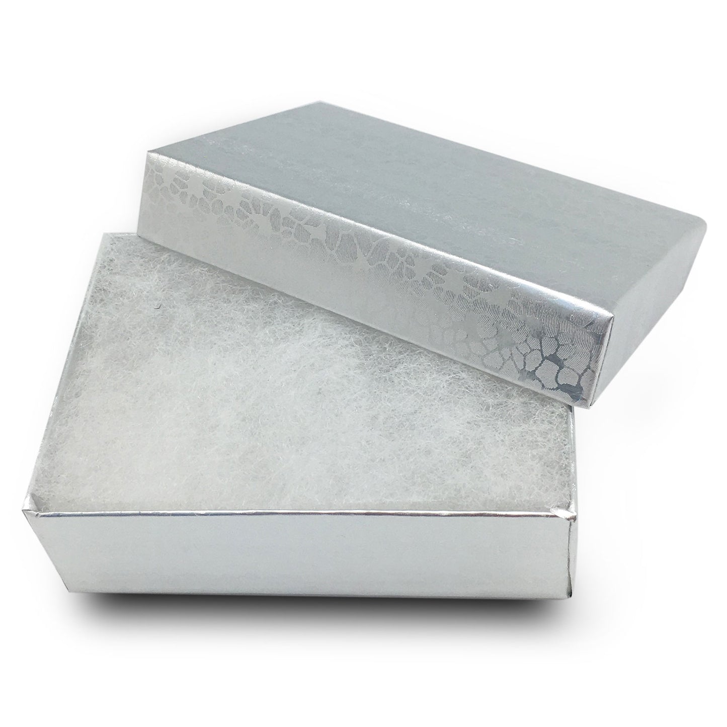 3 1/4"W x 2 1/4"D x 1"H   Silver Cotton Filled Box