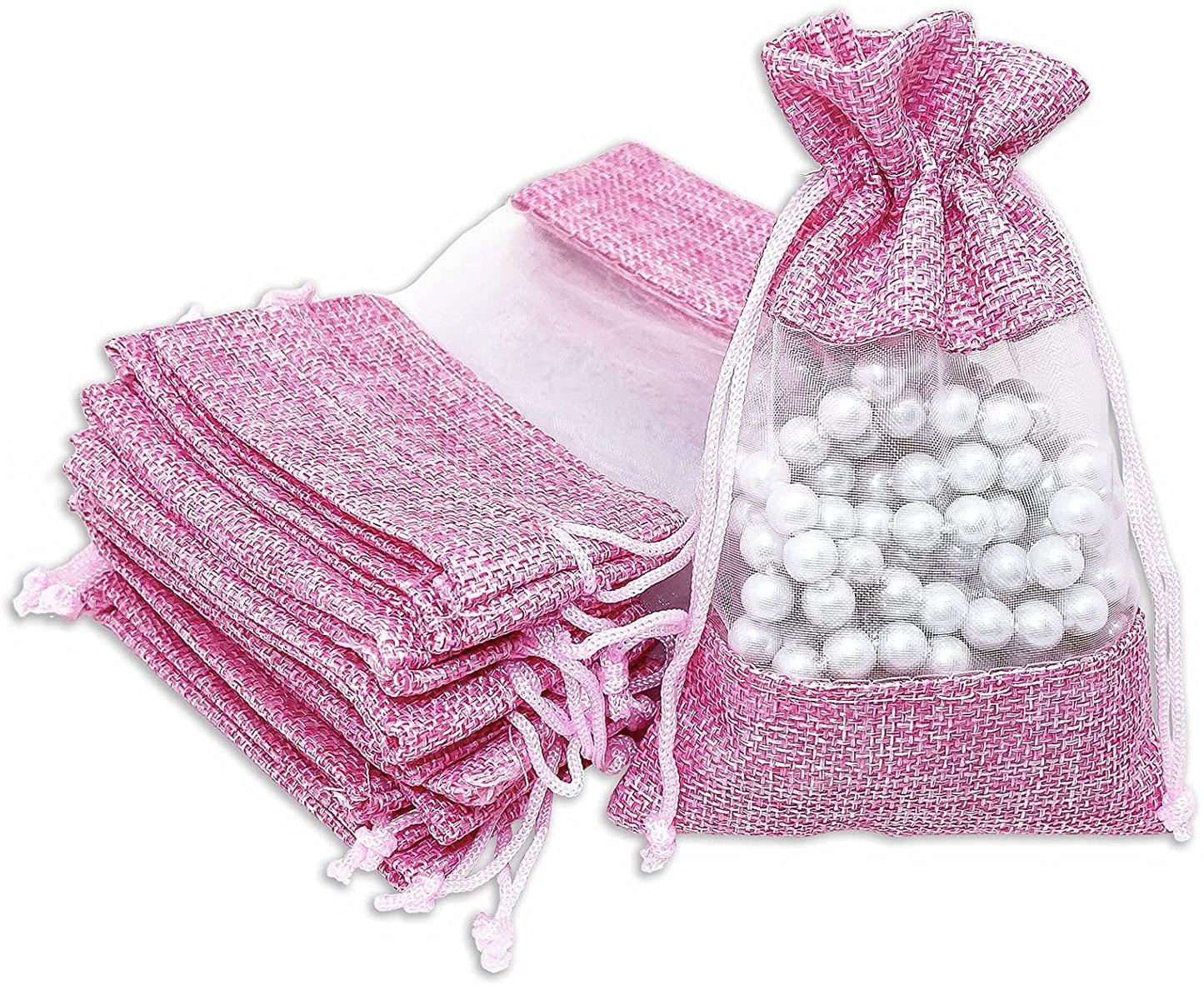 3 1/2" x 5 1/2" Linen Burlap and Sheer Organza Pink Gift Bag