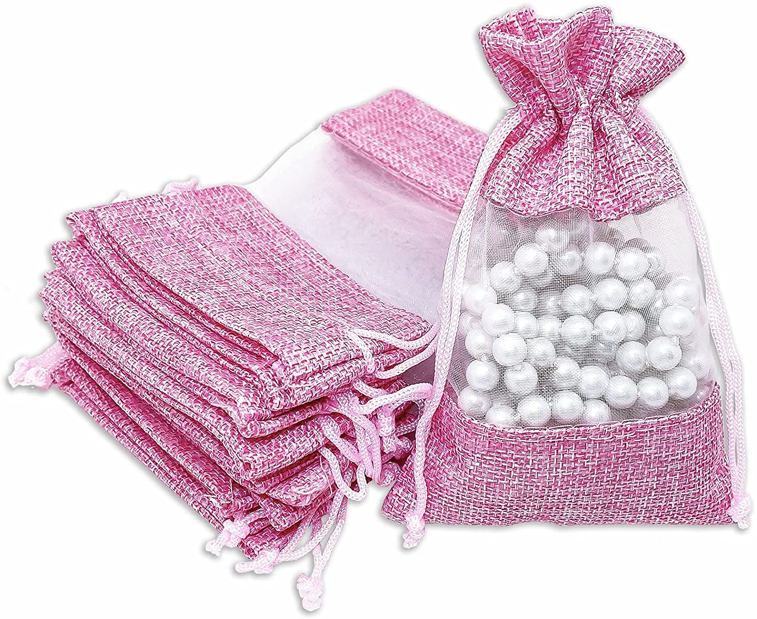 3 1/2" x 5 1/2" Linen Burlap and Sheer Organza Pink Gift Bag