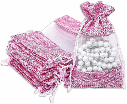 3 1/2" x 5 1/2" Linen Burlap and Sheer Organza Pink Gift Bag