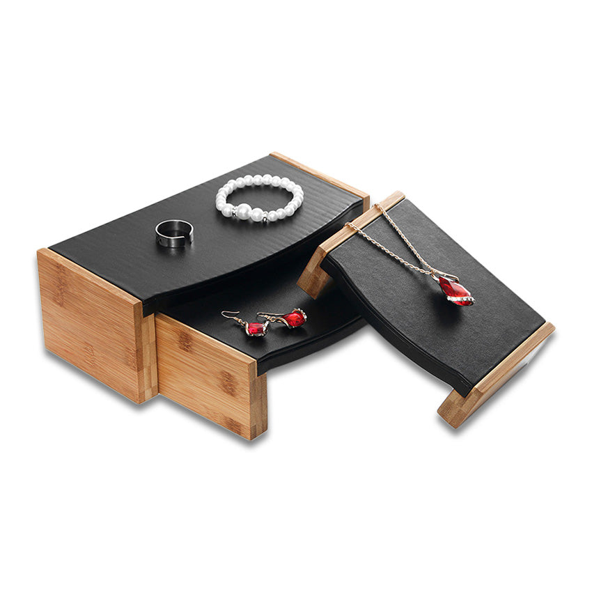3 Piece Natural Bamboo Black Leatherette Jewelry Display Riser Set