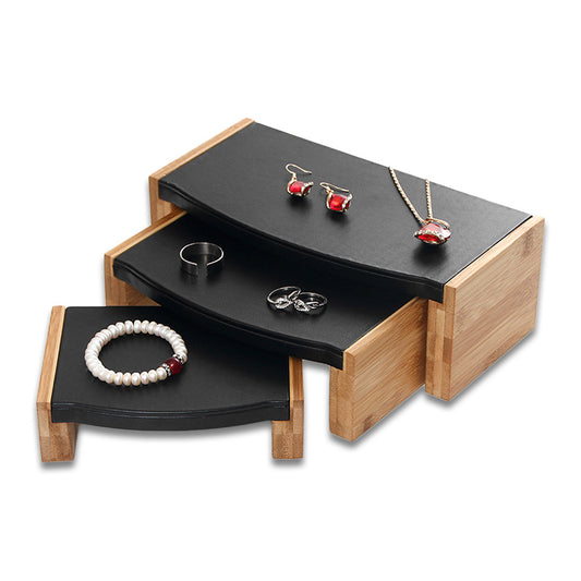 3 Piece Natural Bamboo Black Leatherette Jewelry Display Riser Set