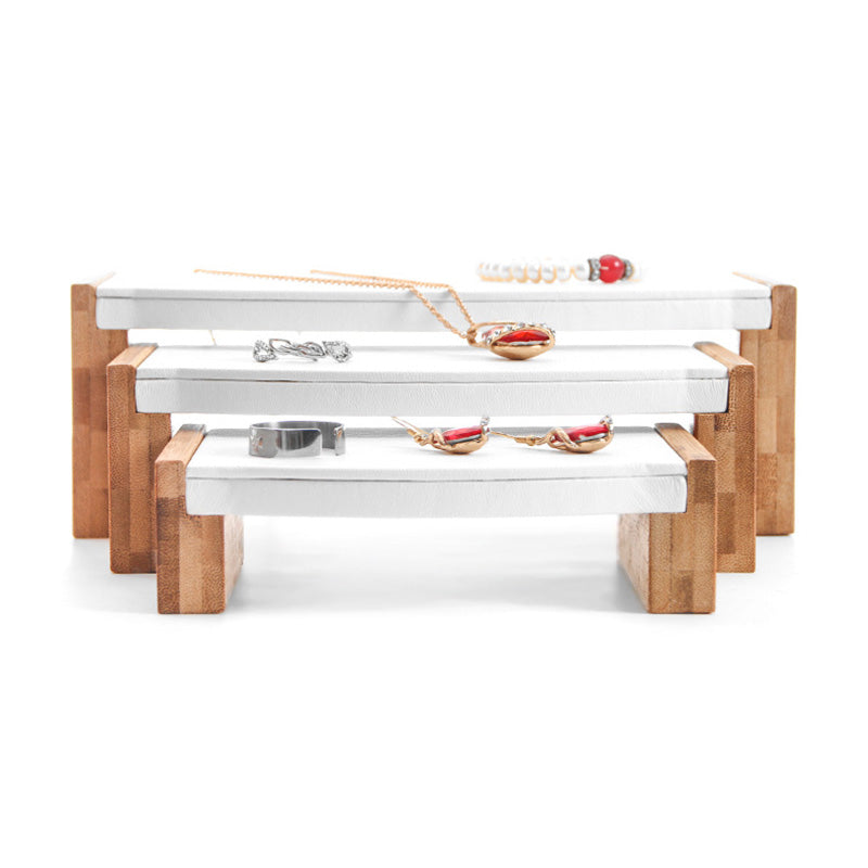 3 Piece Natural Bamboo White Leatherette Jewelry Display Riser Set