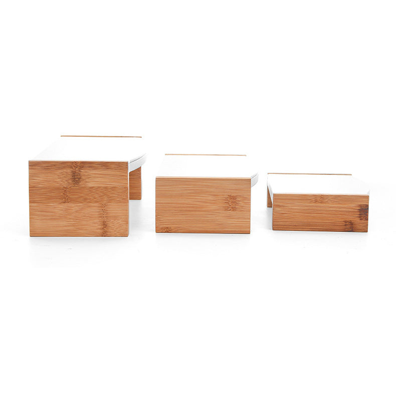 3 Piece Natural Bamboo White Leatherette Jewelry Display Riser Set