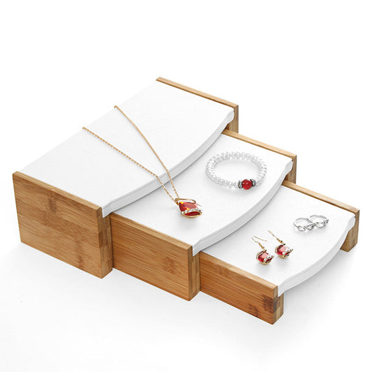 3 Piece Natural Bamboo White Leatherette Jewelry Display Riser Set