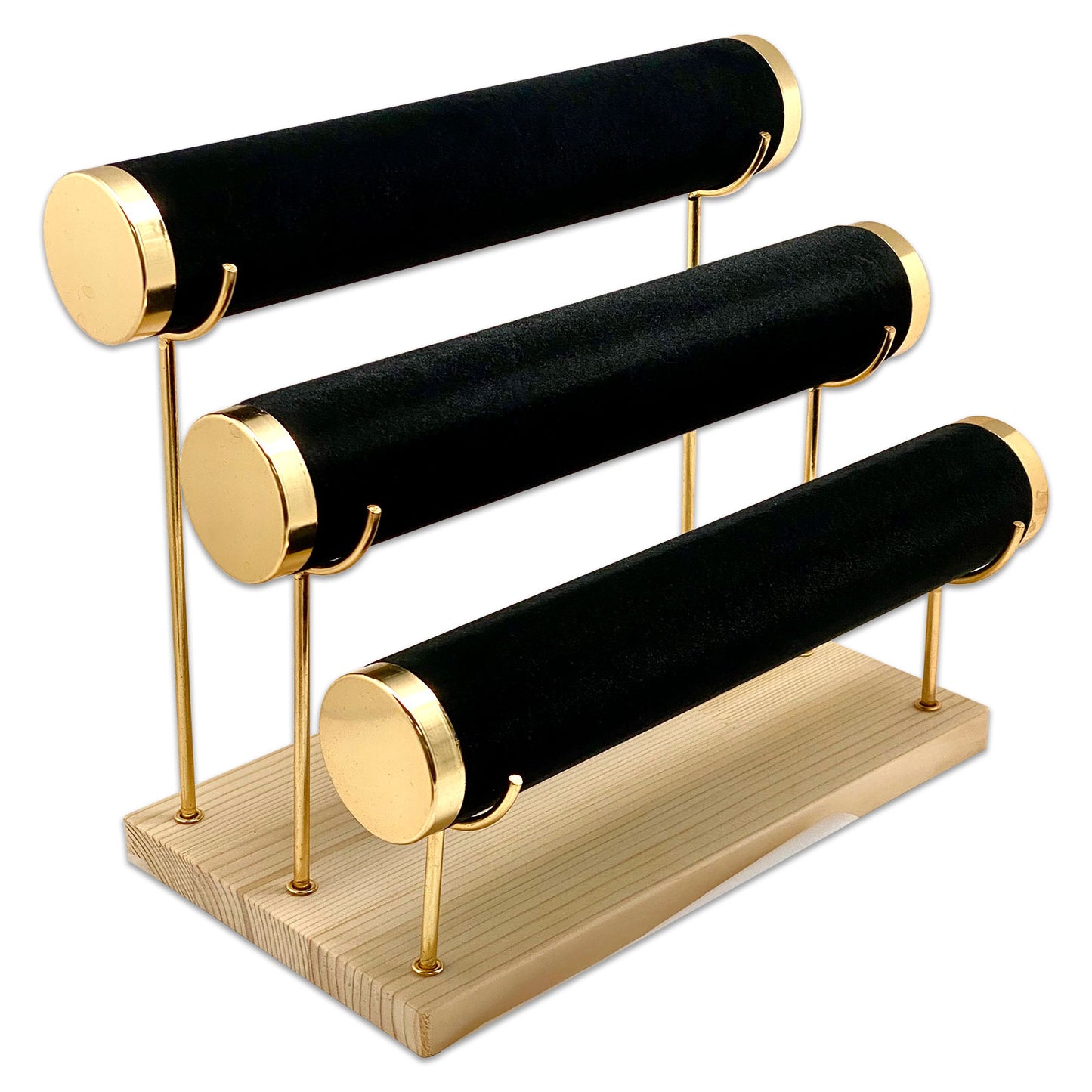3 Tier Collapsible Black Velvet Gold Accent Round T-Bar Bracelet Display
