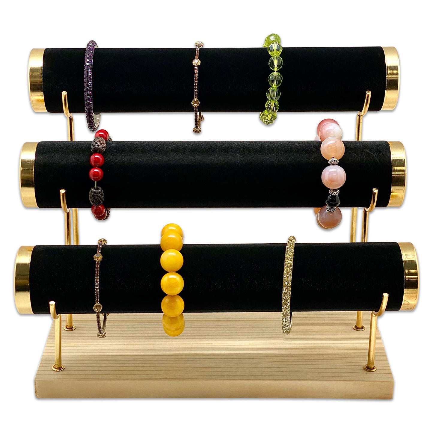 3 Tier Collapsible Black Velvet Gold Accent Round T-Bar Bracelet Display