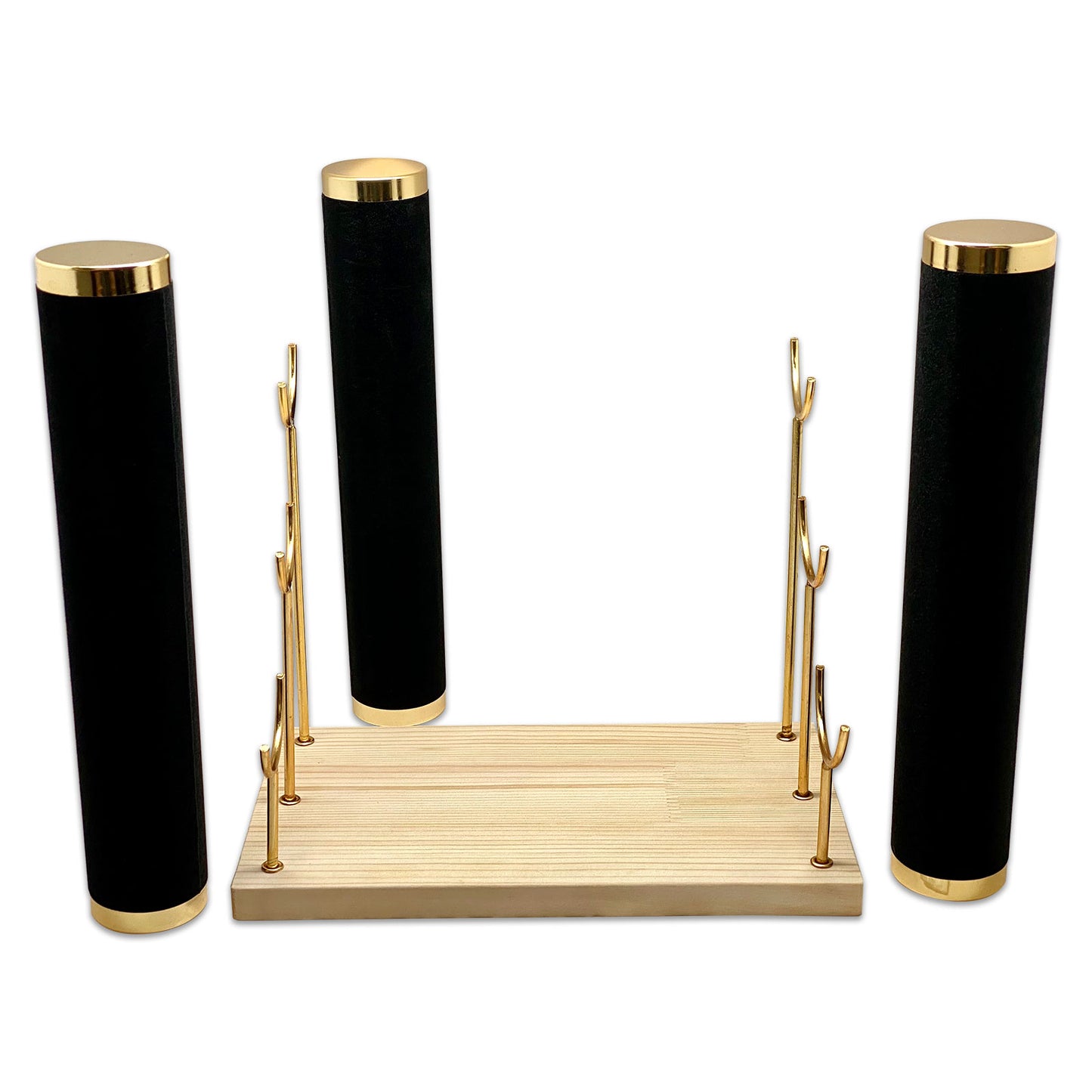 3 Tier Collapsible Black Velvet Gold Accent Round T-Bar Bracelet Display