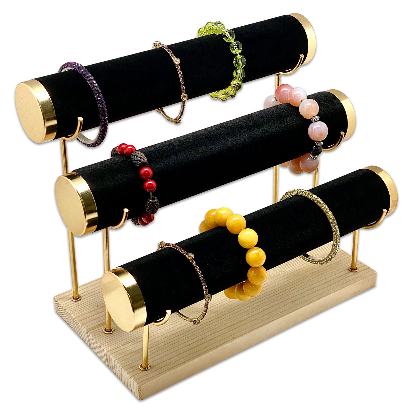 3 Tier Collapsible Black Velvet Gold Accent Round T-Bar Bracelet Display