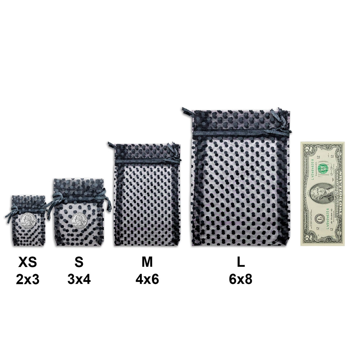 Black with Black Polka Dot Organza Drawstring Pouch Gift Bags