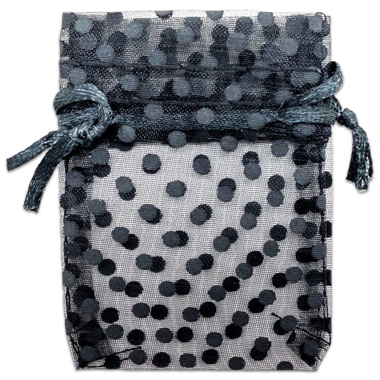 Black with Black Polka Dot Organza Drawstring Pouch Gift Bags